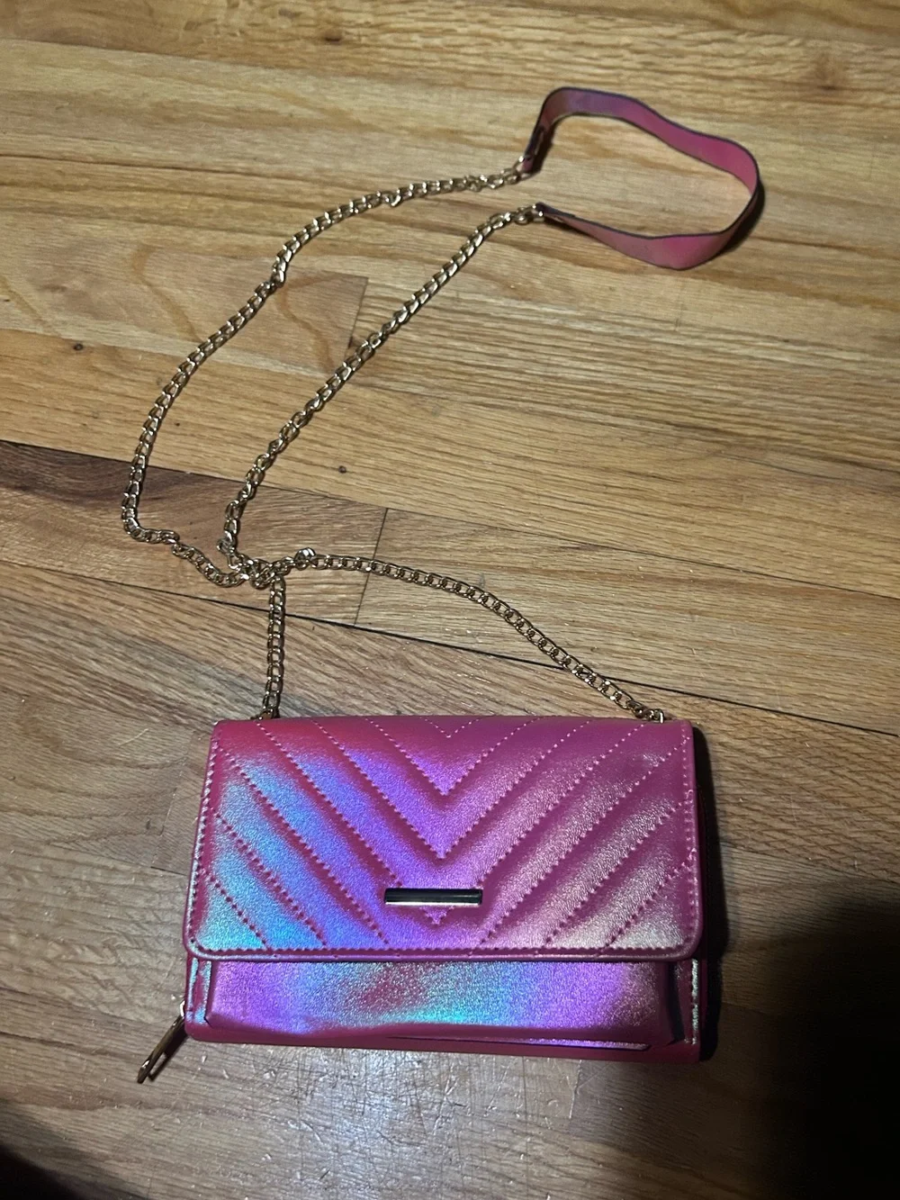 Pink Metallic Quilted Crossbody Bag with Chain Strap
